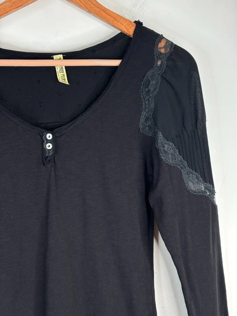 Free People Black Babydoll Henley S Lace Boho Y2K Whimsigoth Princess Sleeve